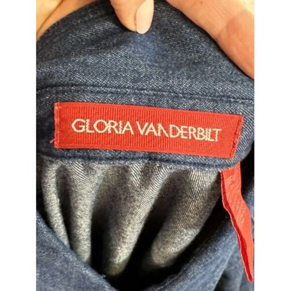 Gloria Vanderbilt Dark Blue Denim Button Front Blouse Size L&M Long Sleeve Shirt - Picture 9 of 16
